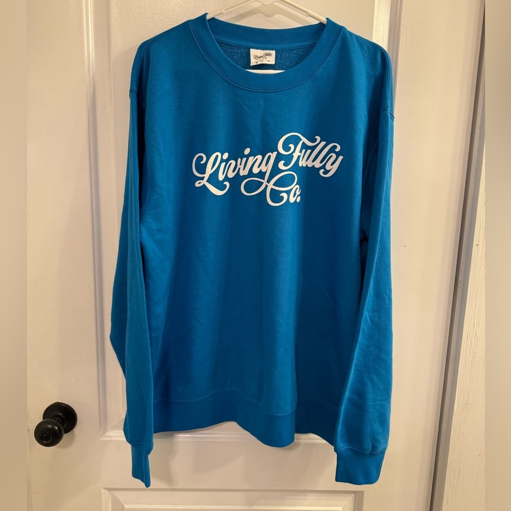 Living Fully Co by Mallory Ervin Pool Blue White Logo Crewneck XL NEW